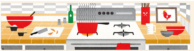 Graphic of a kitchen with bowls, pots measuring cups and other cooking items on a yellow counter with a gray and white background