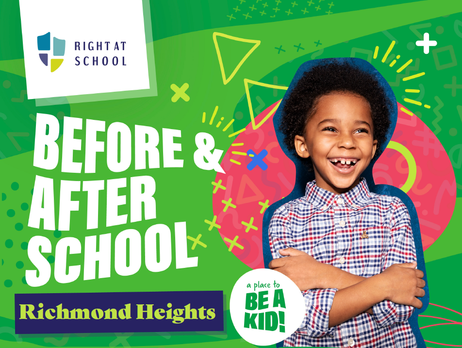 image of flyer includes text and photo of young student on green and red background
