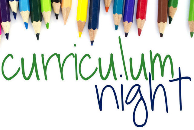 Image of colorful pencils on white background includes texts curriculum night
