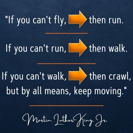 If you can't fly then run. If you can't run then walk. If you can't walk then crawl but by all means, keep moving. - Martin Luther King  JR. 