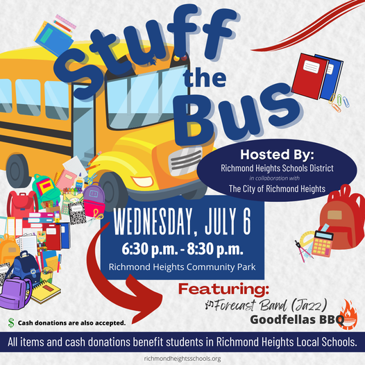Stuff the Bus Wednesday July 6th. Graphic of a bus with school supplies