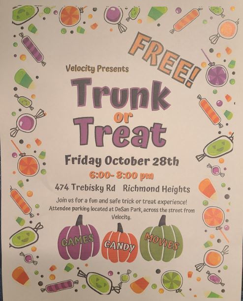 flyer annnouncing trunck or treat includes text, images of pumpkins and Halloween treats