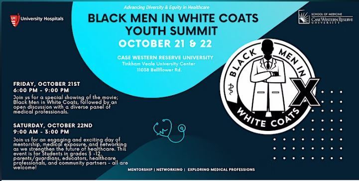 flyer of black men in white coats logo on a black and aqua background includes text, graphic of stethoscope and UH logo