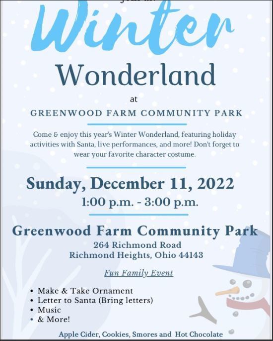 winter wonderland flyer includes text and an image of a snowman on a light blue background