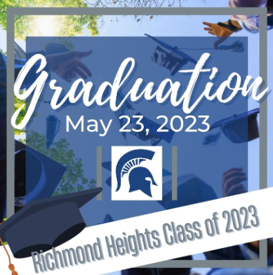 image of graduation poster on blue an grey background with blue mortar board cap and spartan logo includes text
