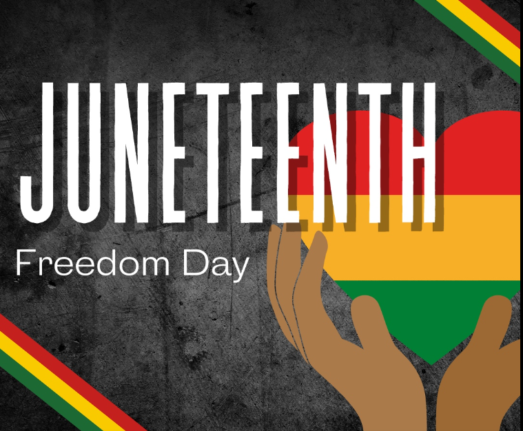 Juneteenth poster on red blsck green background includes heart image in brown hands includes text