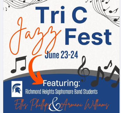 Image of Tri C Jazz Fest poster includs graphics of musical noteson a white blue and gray background includes text