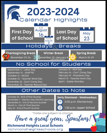 image of school calendar highlights includes text and graphics