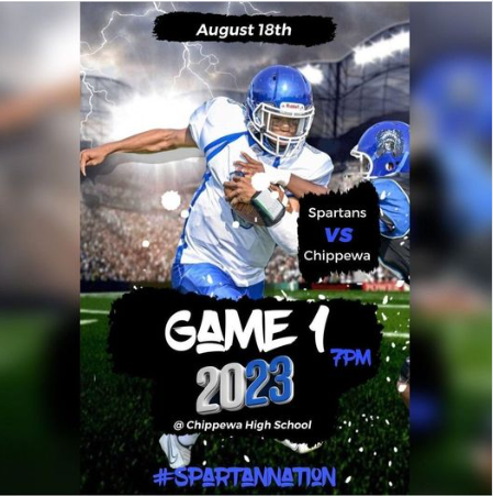 Photo of High School Football playerin white jersy and blue football pants Image includes text