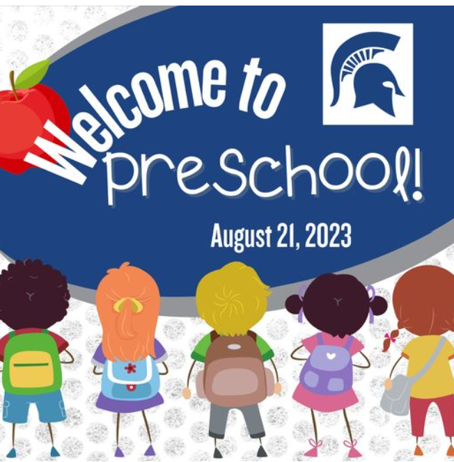 image of little school children on a blue white and gray background Includes text, red apple and Spartan logo