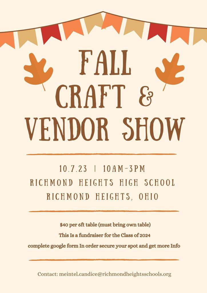 image of fall craft show flyer includes text on tan background with graphic of orange fall leaves and red and orange ribbon flag