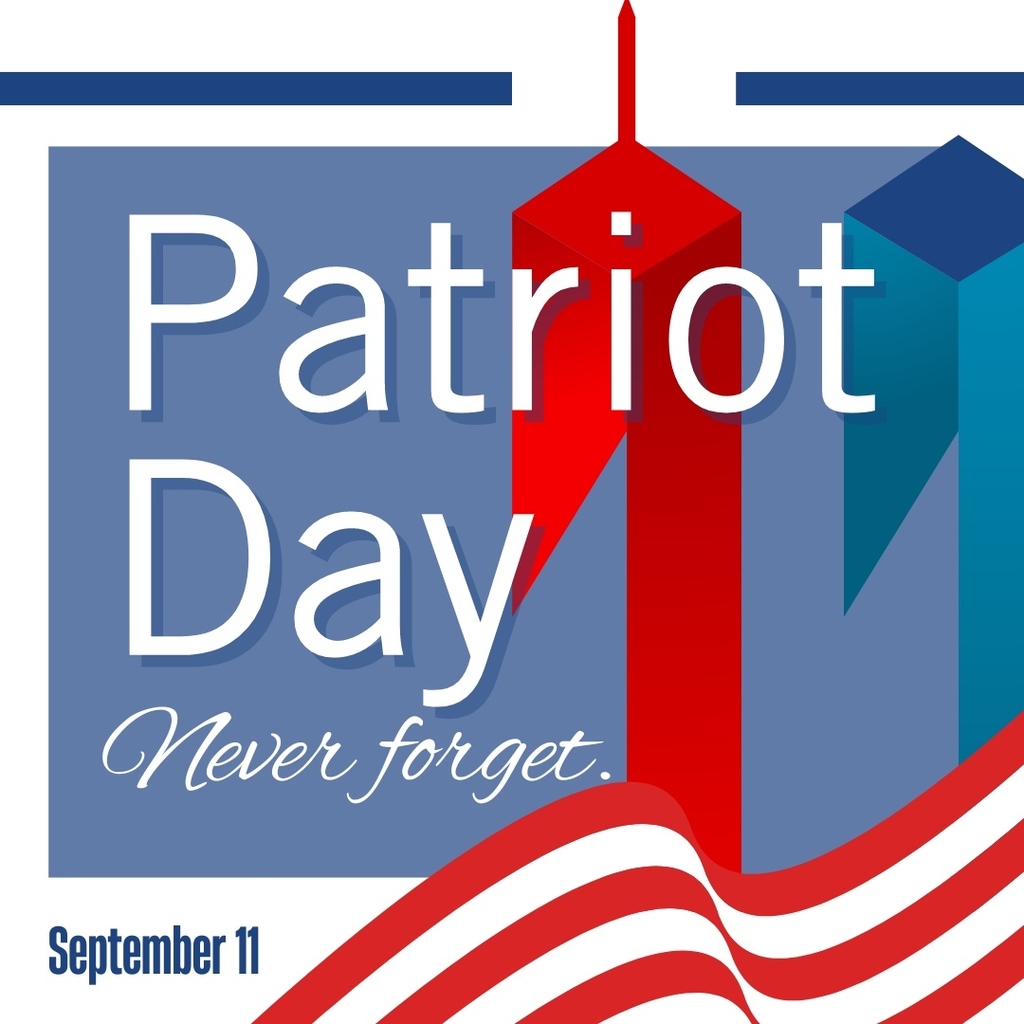 image of read and blue twin towers on blue background includes text never forget