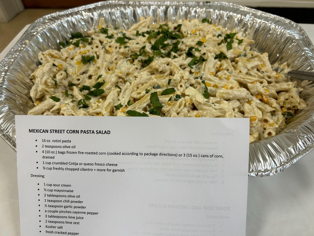 photo of mexican street corn pasta salad includes text of recipe