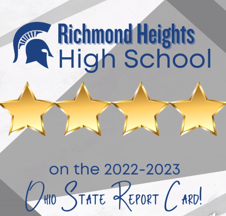 Image of 4 gold stars and spartan logo includes text Ohio State Report card